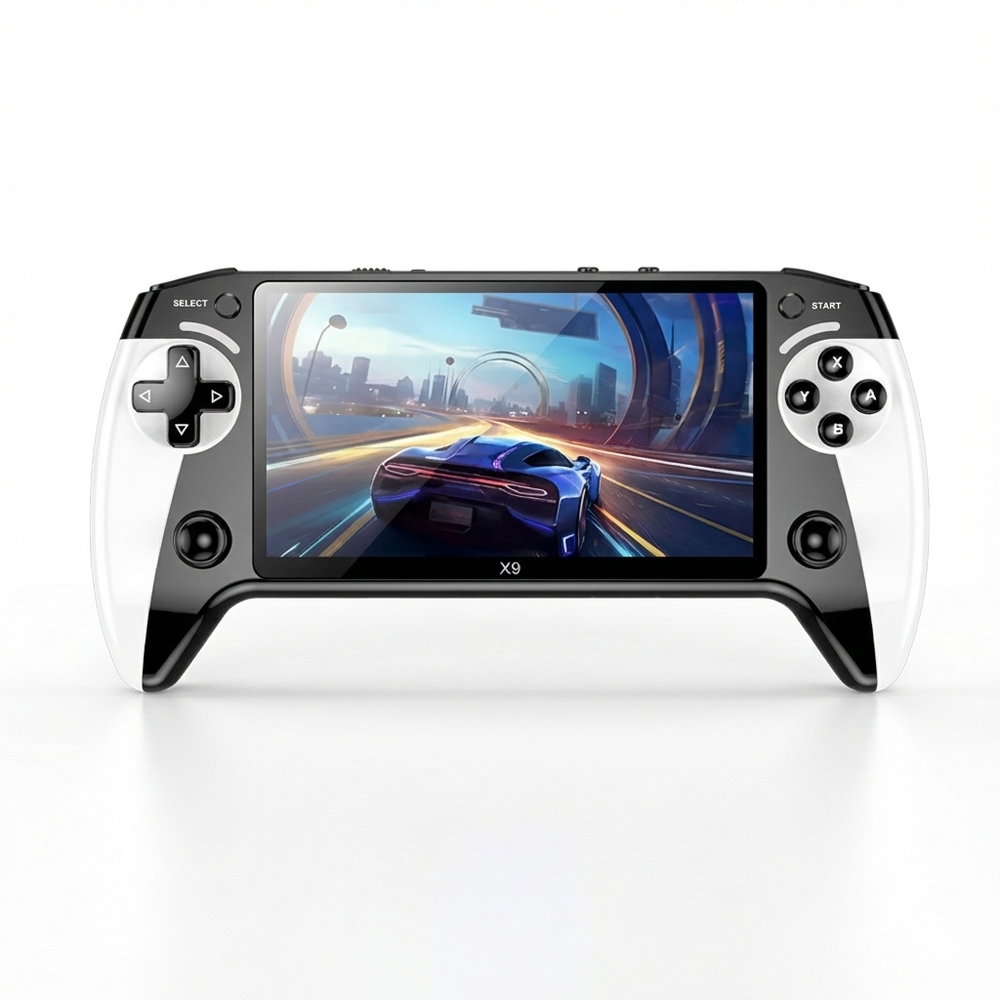 Gaming handheld console with screen displaying a racing game on a white background